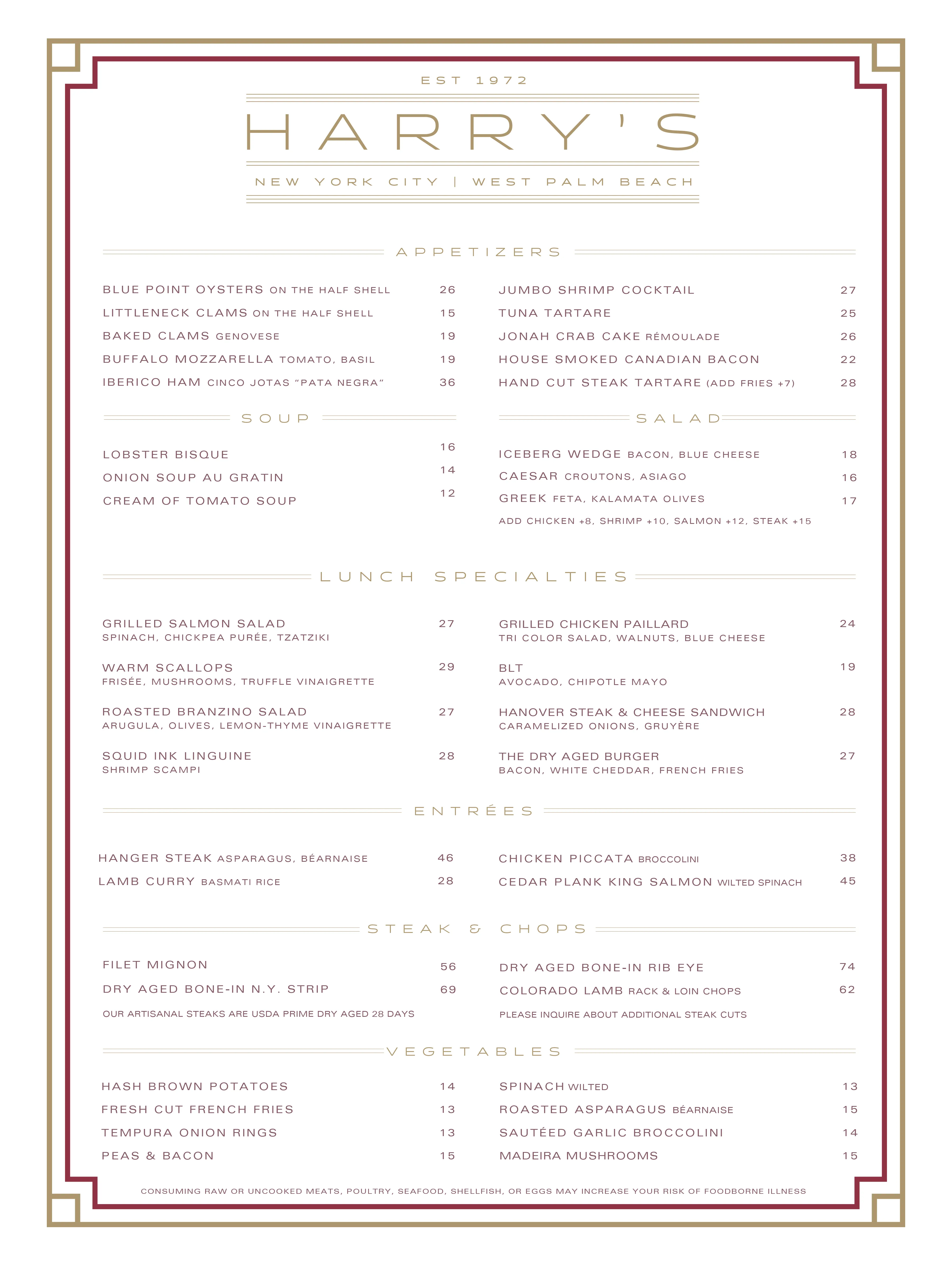 Harry's Bar & Restaurant New York City Menu
